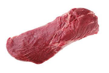 Overhead view of raw beef tri-tip roast isoalted on white