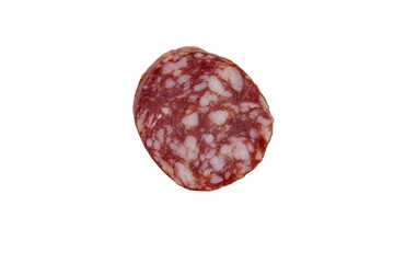 Slice of salami sausage isolated on white background