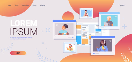 schoolchildren using digital gadgets mix race pupils discussing in web browser windows