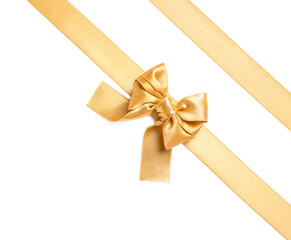 Fototapeta premium Beautiful golden ribbons with bow on white background