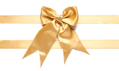 Beautiful golden ribbons with bow on white background
