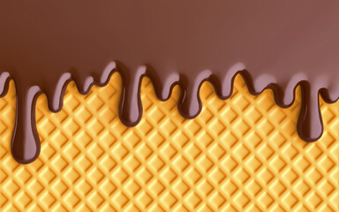 Chocolate ice cream, melted chocolate and wafer background
