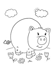 Cute Farm Pig Vector Illustration Coloring book Page Art