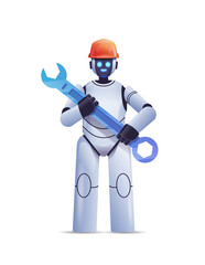 modern robot in helmet holding wrench repair service artificial intelligence concept