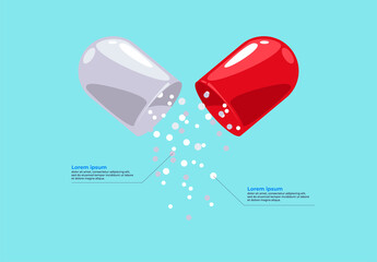 Vector illustration of an open pill capsule, pellets falling out of the capsule, the composition of the pill