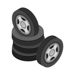 Car Tire or Tyre as Ring-shaped Component of Wheel Rim Piled Isometric Vector Illustration