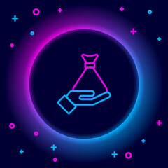 Glowing neon line Money in hand icon isolated on black background. Insurance concept. Security, safety, protection, protect concept. Colorful outline concept. Vector