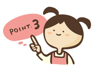 かわいいエプロンをした女性と指差しのPOINT文字　吹き出し説明／手書き文字イラスト