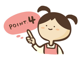 かわいいエプロンをした女性と指差しのPOINT文字　吹き出し説明／手書き文字イラスト