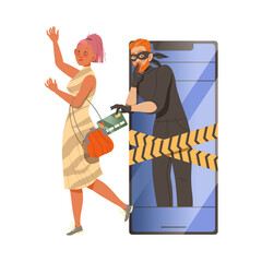 Woman as Victim of Cybercriminal Stealing Credit Card from Handbag Committing Network Crime Harming Financial Health Vector Illustration
