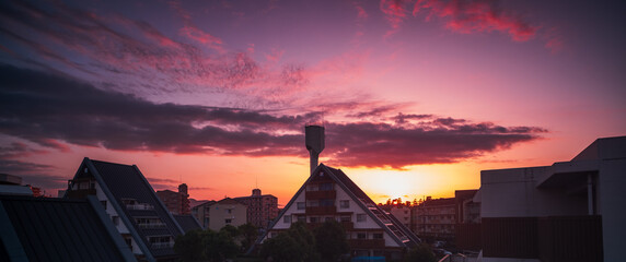 Sunset behind the onigiri building at Miyazaki city