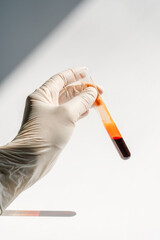 The hand holds a test tube with blood.