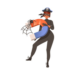 Woman Cybercriminal Wearing Black Mask Holding Magnet Committing Network and Computer Crime Harming Security and Financial Health Vector Illustration