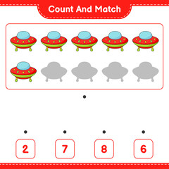 Count and match, count the number of Ufo and match with the right numbers. Educational children game, printable worksheet, vector illustration