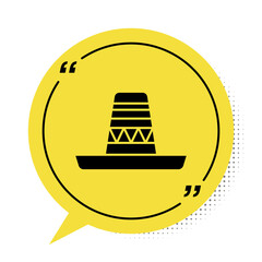 Black Traditional mexican sombrero hat icon isolated on white background. Yellow speech bubble symbol. Vector