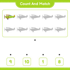 Count and match, count the number of Plane and match with the right numbers. Educational children game, printable worksheet, vector illustration