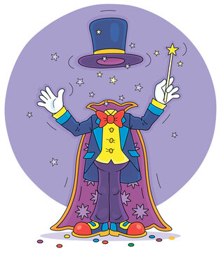 Artful Circus Magician Illusionist With His Magic Wand, Cloak And Hat, Conjuring Trick Of Mysterious Disappearance In An Amusing Entertaining Show On A Stage, Vector Cartoon Illustration