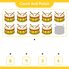 Count and match, count the number of Drum and match with the right numbers. Educational children game, printable worksheet, vector illustration