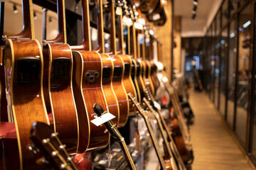 Music shop interior and large collection of classic acoustics guitars for sale.