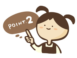 かわいいエプロンをした女性と指差しのPOINT文字　吹き出し説明／手書き文字イラスト