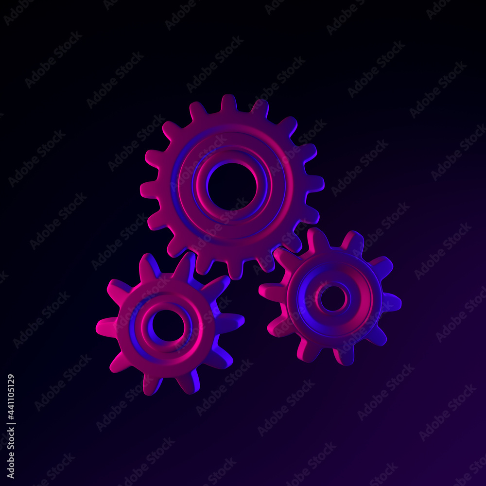 Poster neon gear icon. 3d rendering interface ui ux element. dark glowing symbol.