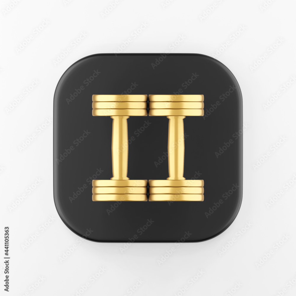 Poster Top view golden dumbbells icon. 3d rendering black square button key, interface ui ux element.