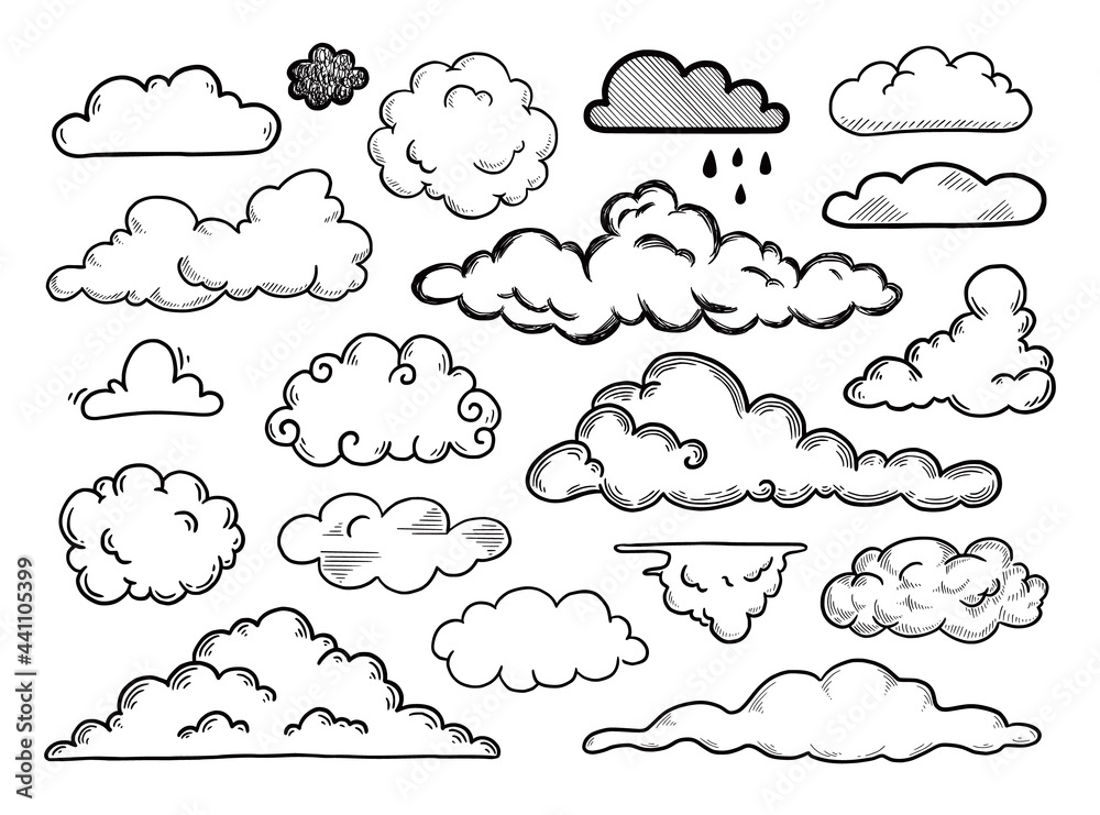 Poster hand drawn cloud set. doodle sketch style cloud. simple outline scribble draw. vector illustration.