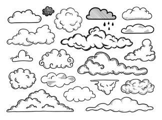 Hand drawn cloud set. Doodle sketch style cloud. Simple outline scribble draw. Vector illustration.