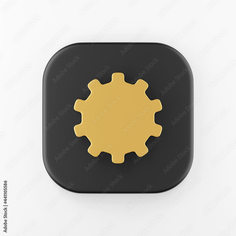 Poster golden gear icon in flat style. 3d rendering black square button key, interface ui ux element.