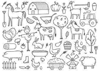 Hand drawn set farm animal, horse, cow, farmer food. Doodle sketch style. Agriculture life background, icon. Isolated vector illustration.