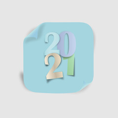 Happy New Year 2021. Abstract design with colorful ribbons and confetti. Greeting card or poster template on white.