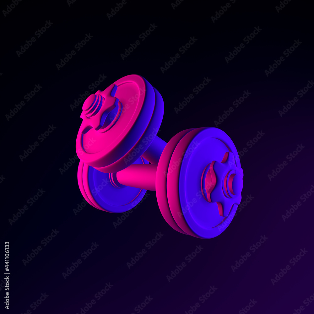 Poster neon dumbbell icon. 3d rendering interface ui ux element. dark glowing symbol.