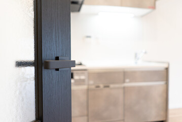 モダンな扉越しに見えるキッチン