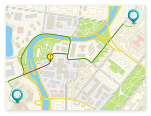 City map navigation route, color point markers design background, drawing schema, simple city plan GPS navigation, itinerary destination arrow paper city map. Route delivery check point graphic