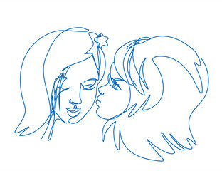 Two young girl gossiping in continuous line art style. Women telling stories. Ladies communicating. Vector illustration.