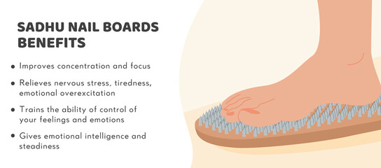 Sadhu Nails Boards Benefits Banner. Bed of Nails. Yogic exercise. Fire Meditation Boards. Yoga desk. A feet standing on nails. Spiritual practice. Vector illustration in flat style.