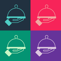 Pop art Covered with a tray of food icon isolated on color background. Tray and lid sign. Restaurant cloche with lid. Vector