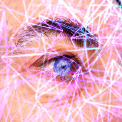 Futuristic enviroment around human eye unreal blue with neon lines of connection or mesurement. The concept of artificial intelligence and face recognassance