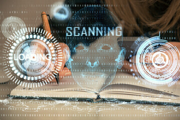 Multi exposure of woman hands working on computer and data theme hologram drawing. Tech concept.