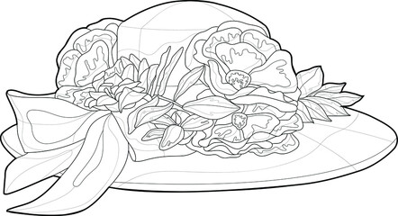 Realistic summer sun hat with mix flower bouquet and bow in retro vintage style sketch template. Cartoon vector illustration in black and white for games, background, pattern, decor. Coloring paper