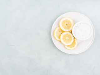 Zero waste plastic free dish house washing natural cleaning products lemon slices and baking soda
