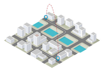 Isometric city map navigation, point markers background, pin isometry drawing schema, 3D simple city plan GPS navigation, final destination arrow paper city map. Route delivery check point graphic