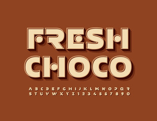Vector tasty Banner Fresh Choco. Stylish 3D Font. Trendy style Alphabet Letters and Numbers set