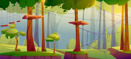 Fotobehang Adventure park, rope climbing center in forest with obstacles, suspended ladders and wooden platforms on trees. Outdoor place for extreme recreation, family fun, activity, Cartoon vector illustration © klyaksun