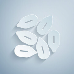 Paper cut Seeds of a specific plant icon isolated on grey background. Paper art style. Vector