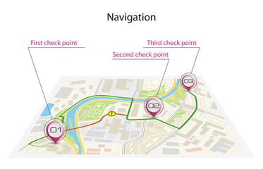 Isometric city map business infographic navigation, 3d flat isometry point markers schema, 3D simple city plan GPS navigation final destination arrow paper city map. Route delivery check point graphic