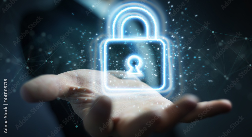 Poster man using digital web protection blue holographic interface 3d rendering