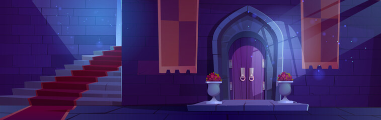 Medieval night castle interior, wooden arched door with potted flowers, stone stairs with red carpet and brick wall, entry to palace with moonlight fall through window. Fairytale Cartoon vector scene