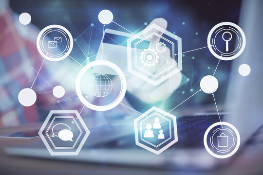 Double exposure of man hands holding a credit card and social network theme drawing. Digital finance and E-commerce concept.