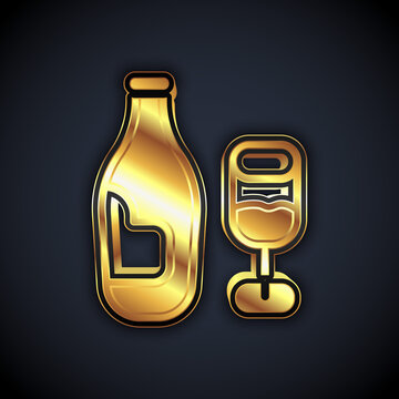 Gold Wine Bottle With Glass Icon Isolated On Black Background. Vector